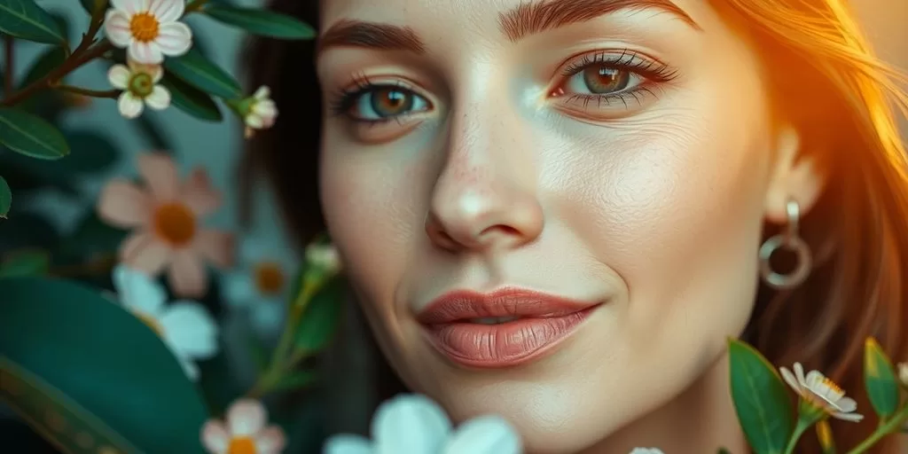 Woman with glowing skin surrounded by natural elements.