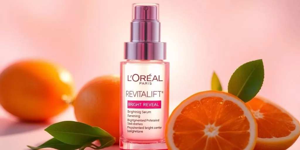 L'Oréal Paris Revitalift serum bottle with citrus fruits backdrop.