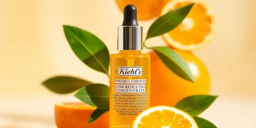 Kiehl's vitamin C serum bottle with oranges and leaves.