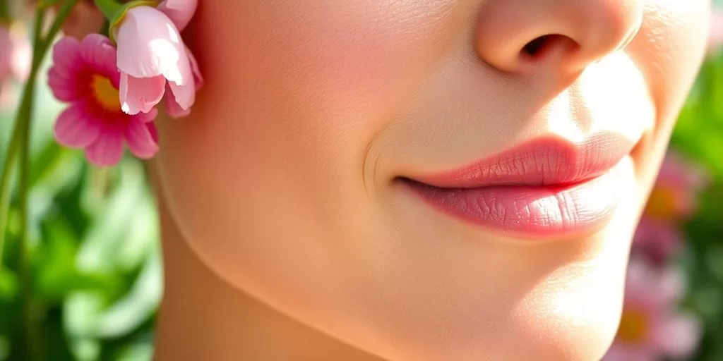 Close-up of glowing skin with natural elements in background.