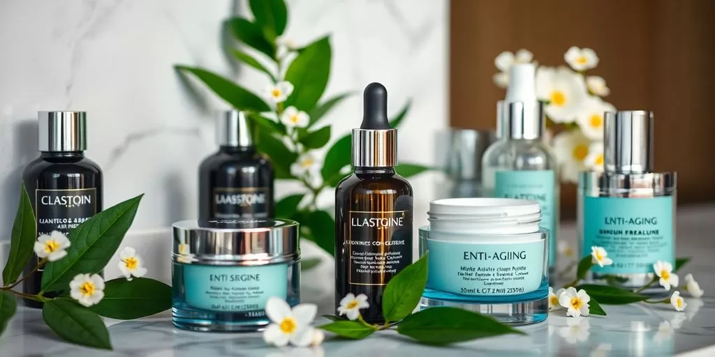 Elegant anti-aging skincare products on a marble countertop.